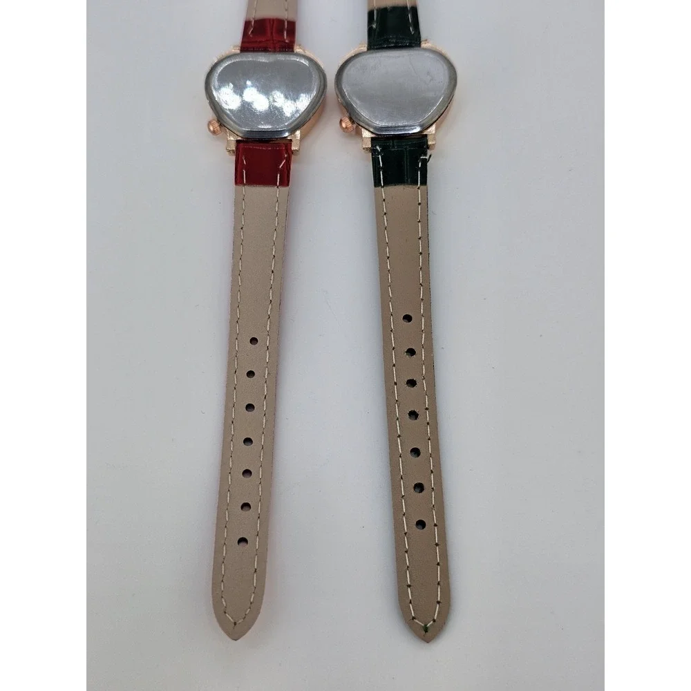 2X Girl's Women's Watch Heart Shape Green Red Dial 28MM Green‎ Red Leather Bands